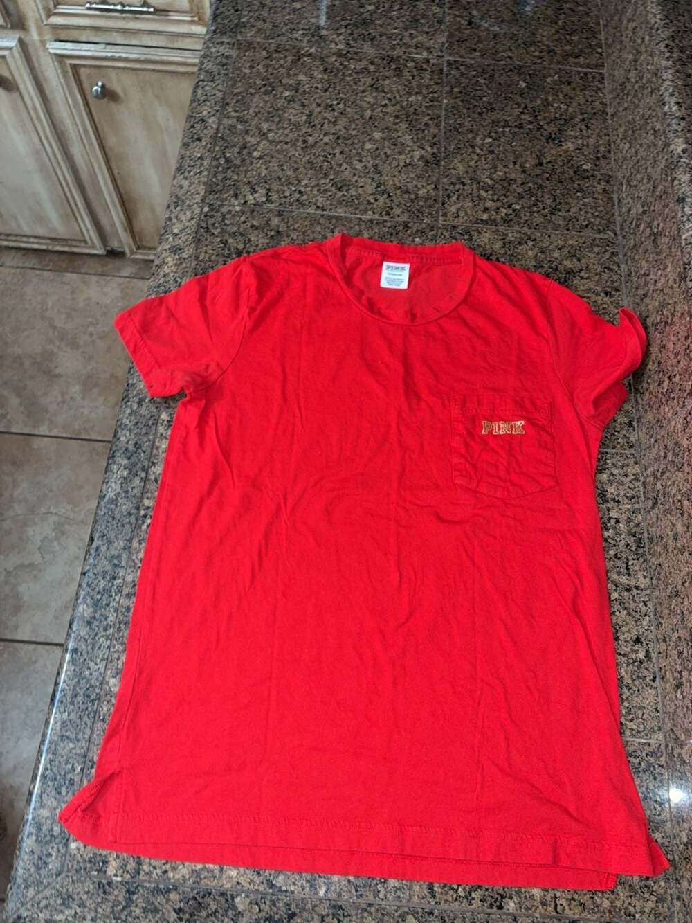 Victoria's Secret PINK Red Gold Logo Graphic Pocket T-Shirt Size S